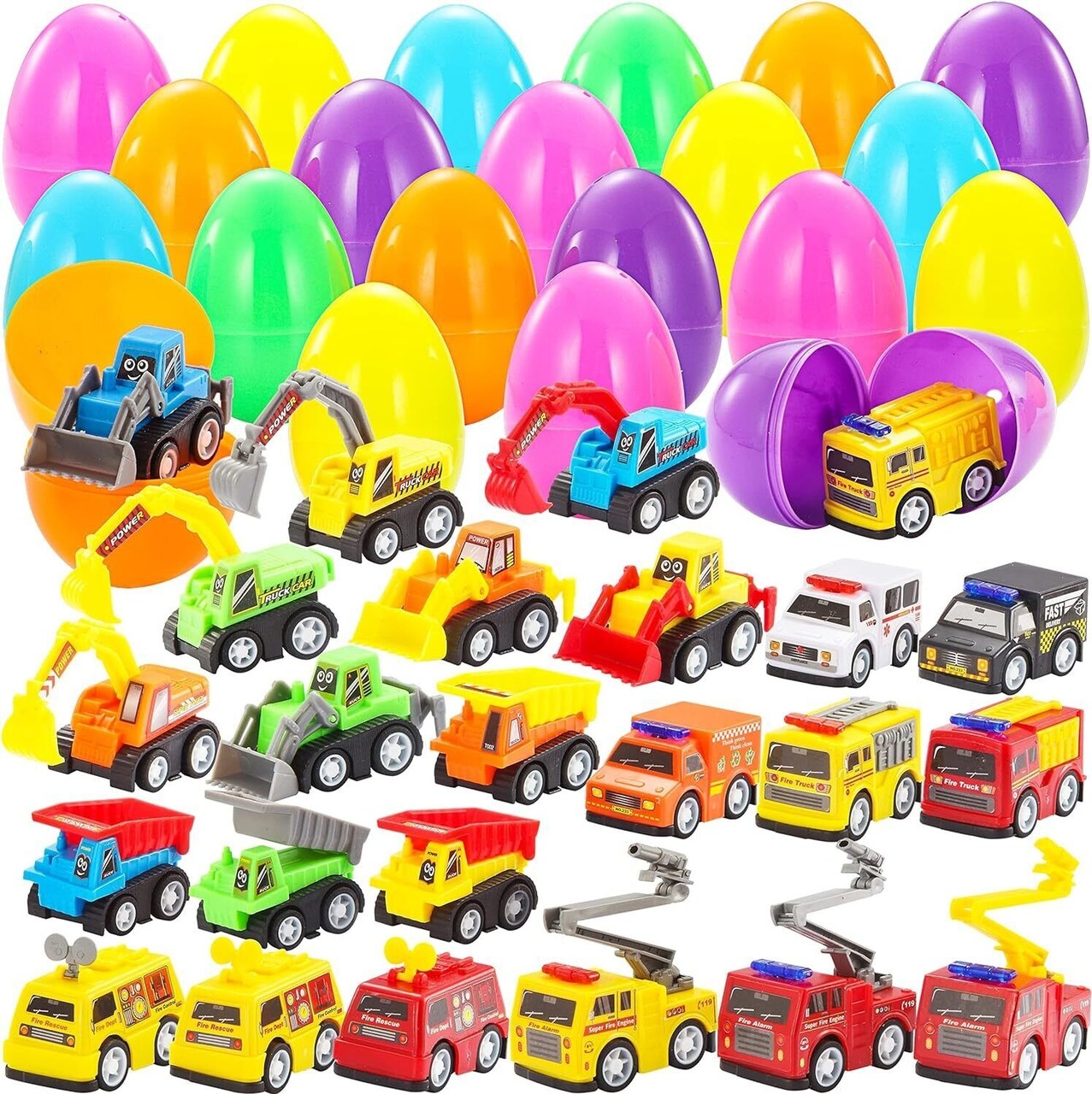 24 Pcs Prefilled Easter Eggs with Pull Back Construction Cars Vehicle for Kids
